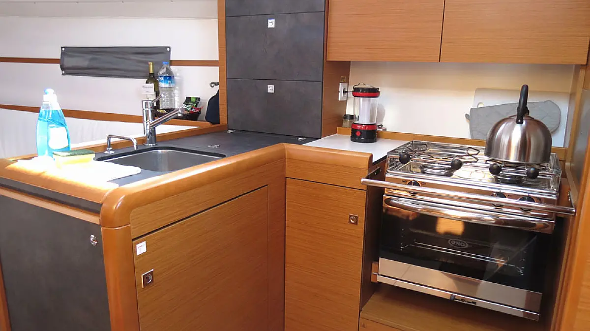 Galley in sailing boat Jeanneau Sun Odyssey 349 Sarita for charter in Gocek in Turkey