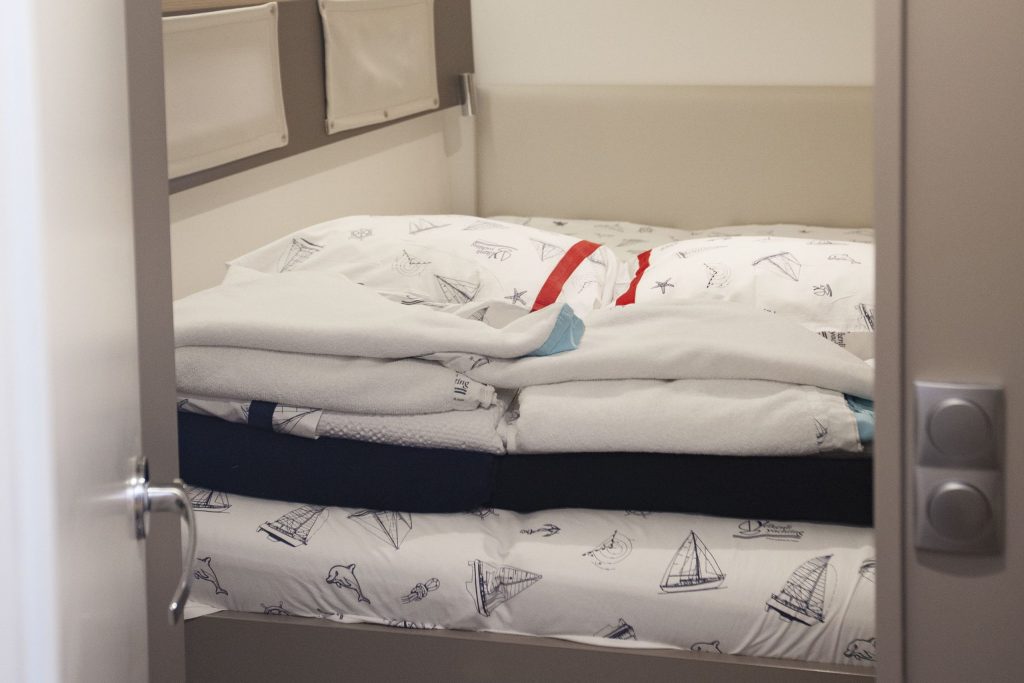 Aft cabin bed in catamaran Bali 4.5 LeAndra for charter in Orhaniye in Turkey