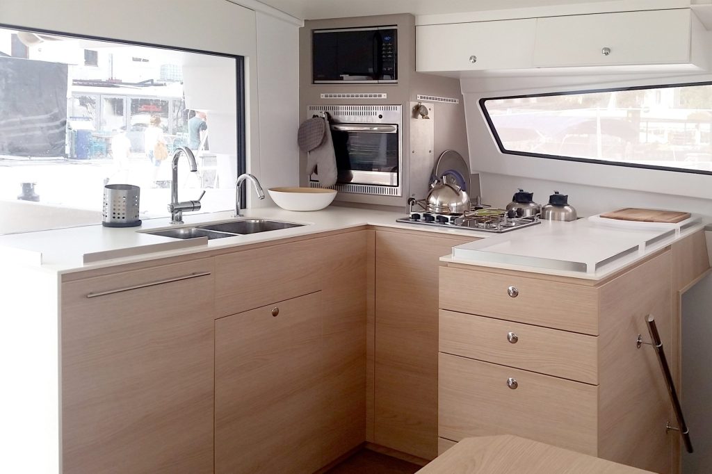 Galley in catamaran Bali 4.5 LeAndra for charter in Orhaniye in Turkey