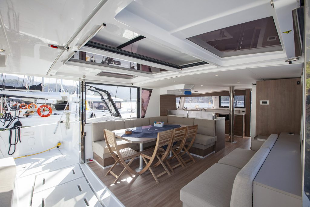 Cockpit table of catamaran Bali 4.6 Rhapsody in Blue for charter in Orhaniye near Marmaris in Turkey