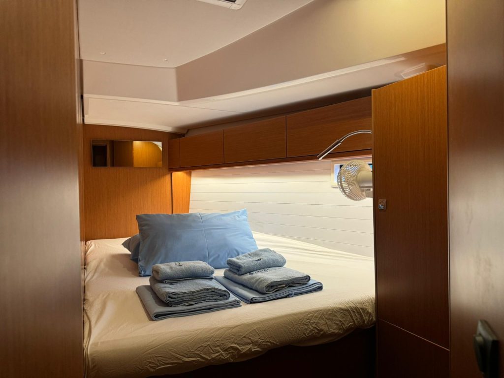 Forward cabin in sailing yacht Bavaria Cruiser 46 Orion for charter in Göcek in Turkey