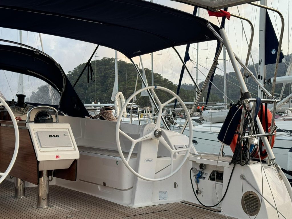 Cockpit of sailing yacht Bavaria Cruiser 46 Orion for charter in Göcek in Turkey