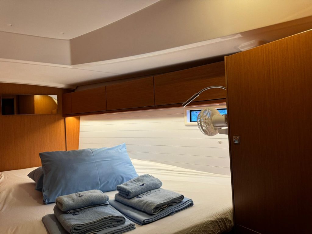 Forward cabin in sailing yacht Bavaria Cruiser 46 Orion for charter in Göcek in Turkey