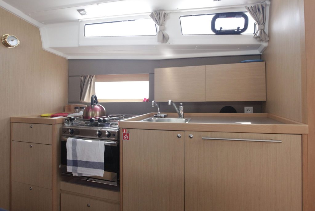 Galley in sailing boat Beneteau Oceanis 38.1 Missy for charter in Orhaniye near Marmaris in Turkey