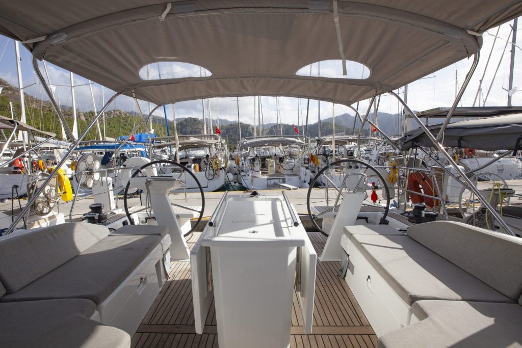 Cockpit of sailing yacht Beneteau Oceanis 46.1 Breezy in Orhaniye near Marmaris in Turkey