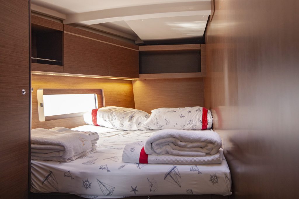 Forward cabin in sailing yacht Beneteau Oceanis 46.1 Breezy in Orhaniye near Marmaris in Turkey