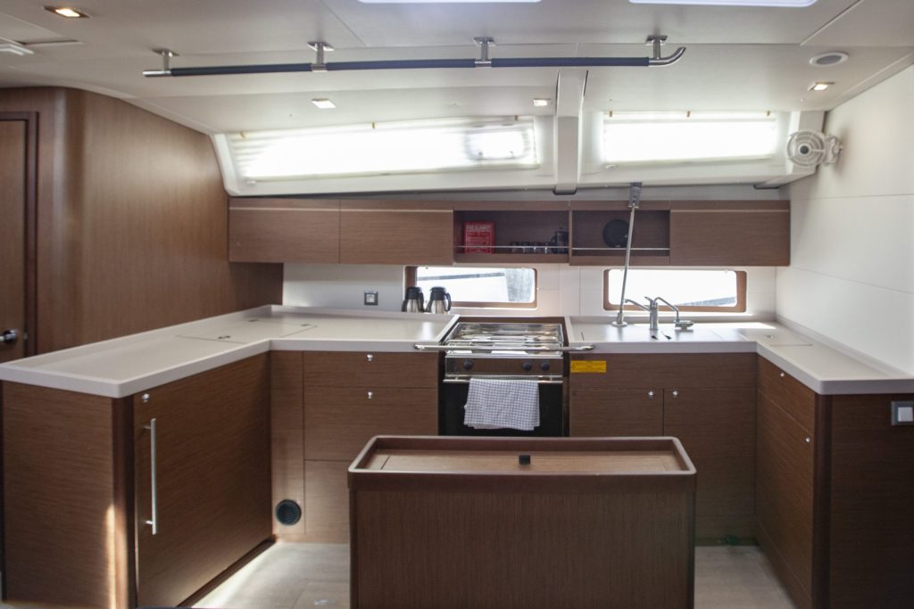 Galley in sailing yacht Beneteau Oceanis 46.1 Breezy in Orhaniye near Marmaris in Turkey