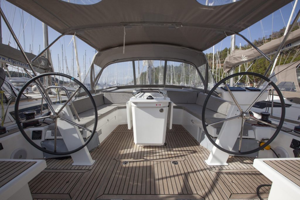 Cockpit of sailing yacht Beneteau Oceanis 46.1 Breezy in Orhaniye near Marmaris in Turkey