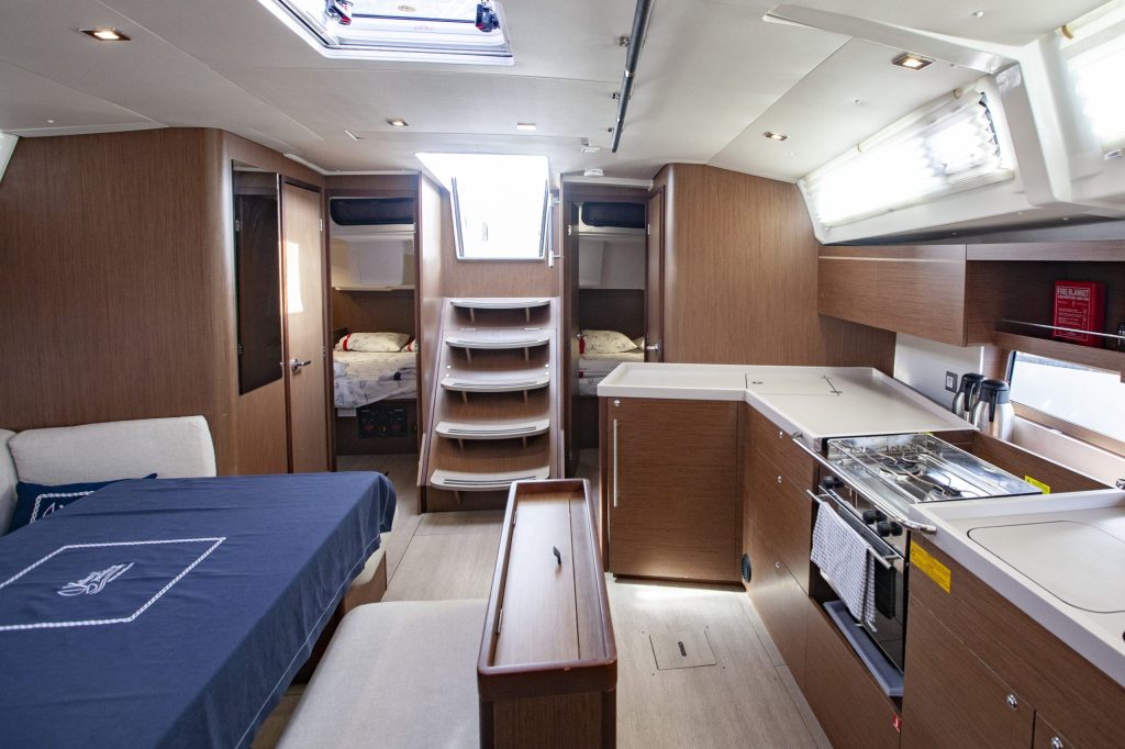 Saloon in sailing yacht Beneteau Oceanis 46.1 Breezy in Orhaniye near Marmaris in Turkey