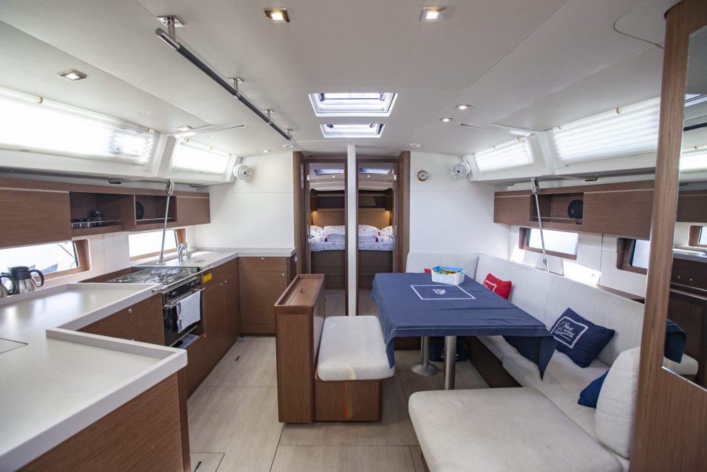 Saloon in sailing yacht Beneteau Oceanis 46.1 Breezy in Orhaniye near Marmaris in Turkey
