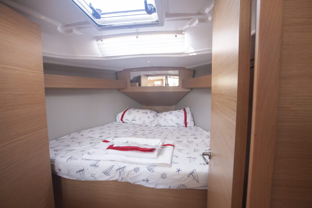 Forward cabin in sailing boat Dufour 360 Grand Large Nautilus for charter in Organiye near Marmaris in Turkey