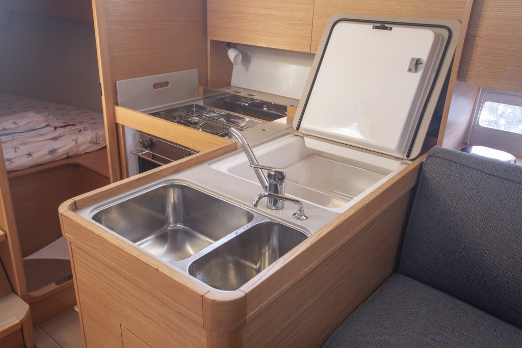 Galley in sailing boat Dufour 360 Grand Large Nautilus for charter in Organiye near Marmaris in Turkey