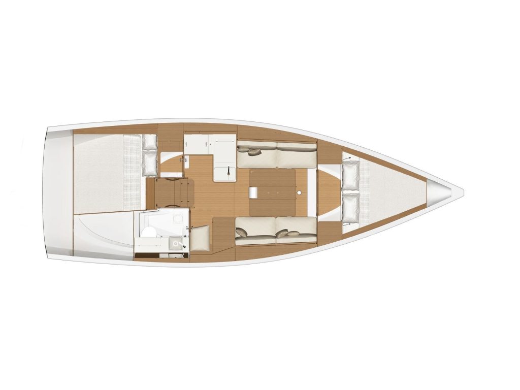 Layout of sailing boat Dufour 360 Grand Large Nautilus for charter in Organiye near Marmaris in Turkey