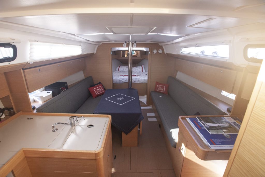 Saloon in sailing boat Dufour 360 Grand Large Nautilus for charter in Organiye near Marmaris in Turkey