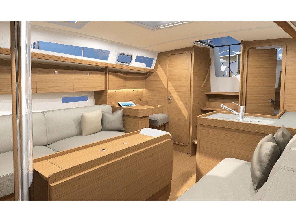 Saloon table in sailing boat Dufour 360 Grand Large Nautilus for charter in Organiye near Marmaris in Turkey