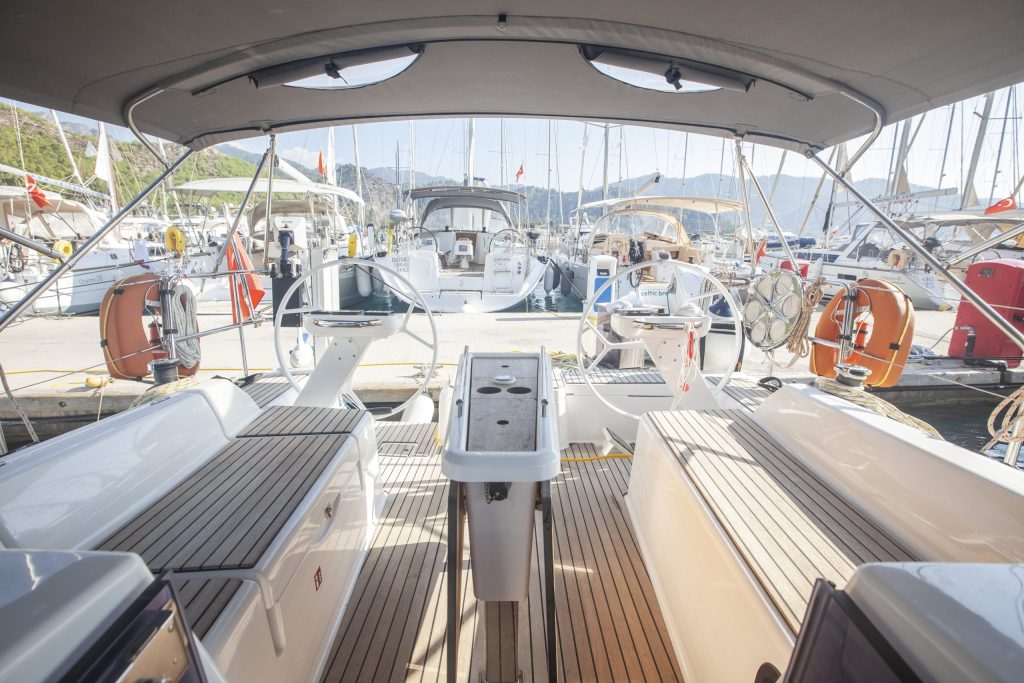 Cockpit of sailing boat Dufour 360 Grand Large Nautilus for charter in Organiye near Marmaris in Turkey
