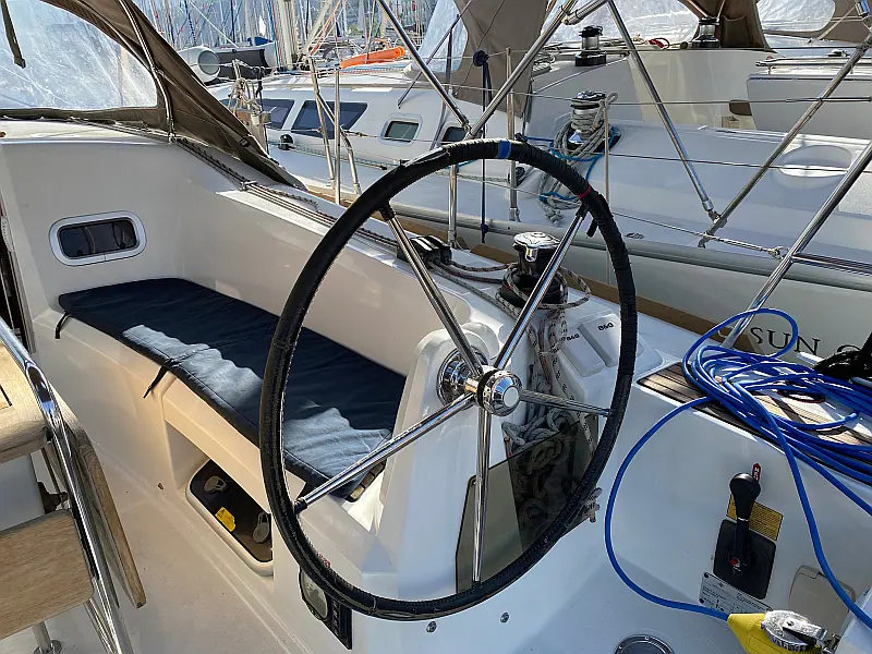 Cockpit of sailing boat Jeanneau Sun Odyssey 349 Blue Dreams for charter in Fethiye in Turkey