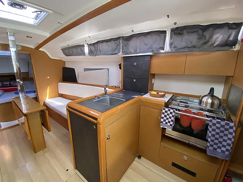 Galley in sailing boat Jeanneau Sun Odyssey 349 Blue Dreams for charter in Fethiye in Turkey