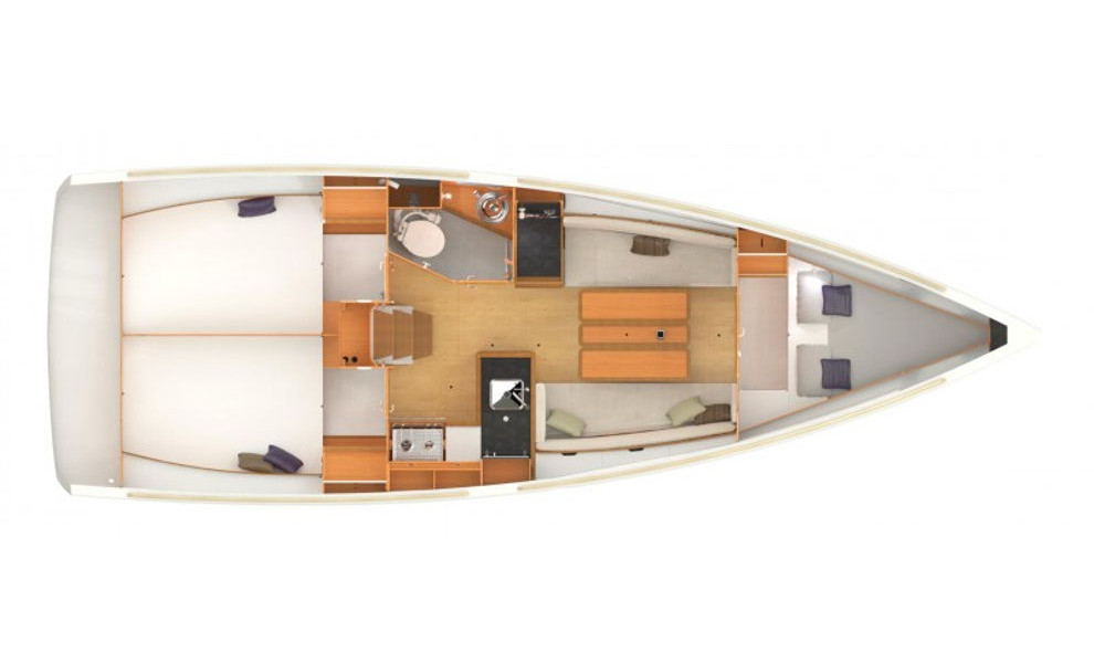 Layout of sailing boat Jeanneau Sun Odyssey 349 Sarita for charter in Gocek in Turkey