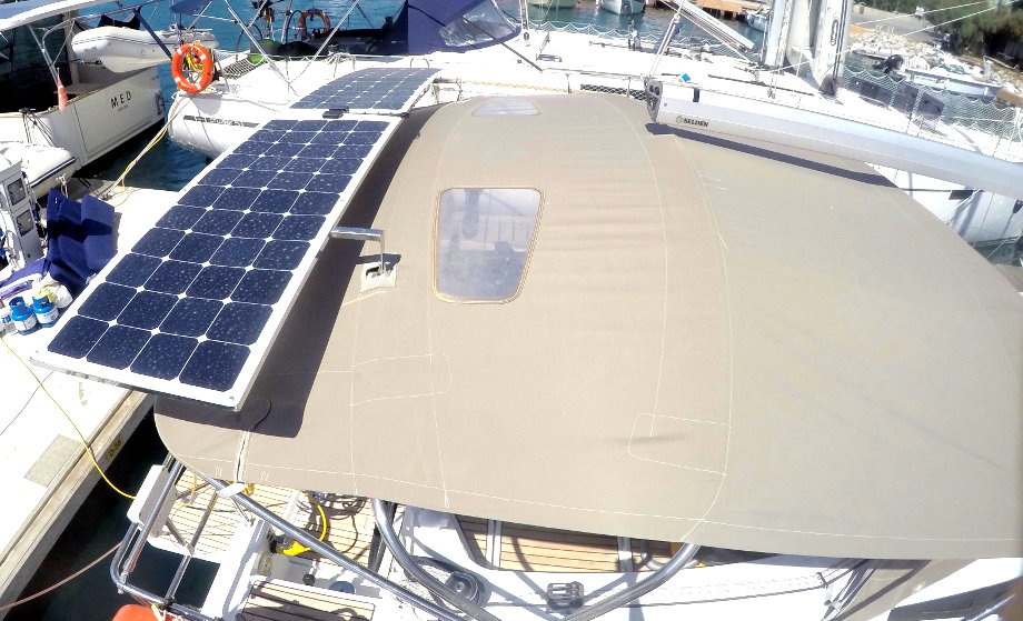 Solar panels of sailing boat Jeanneau Sun Odyssey 349 Sarita for charter in Gocek in Turkey
