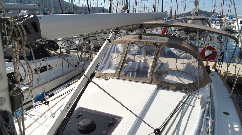 Deck of sailing boat Jeanneau Sun Odyssey 349 Sarita for charter in Gocek in Turkey