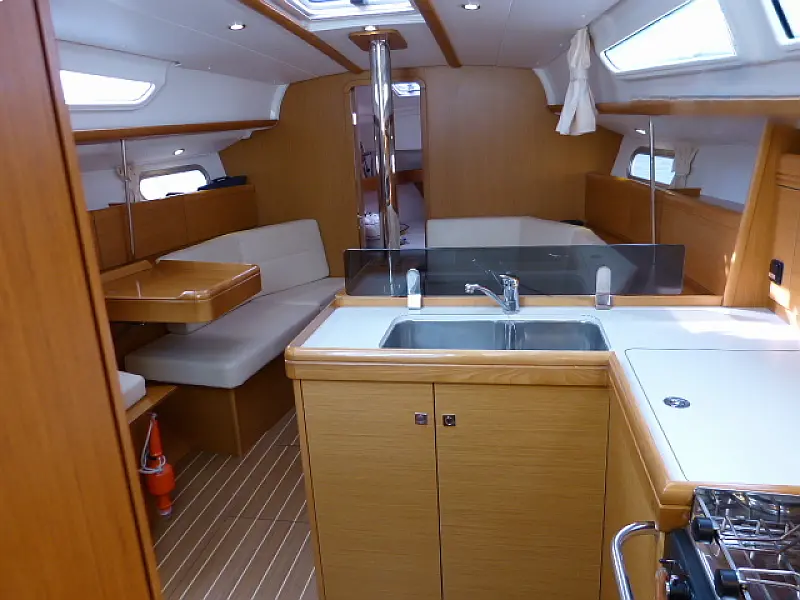 Galley in sailing boat Jeanneau Sun Odyssey 36i Scooby Doo for charter in Fethiye in Turkey