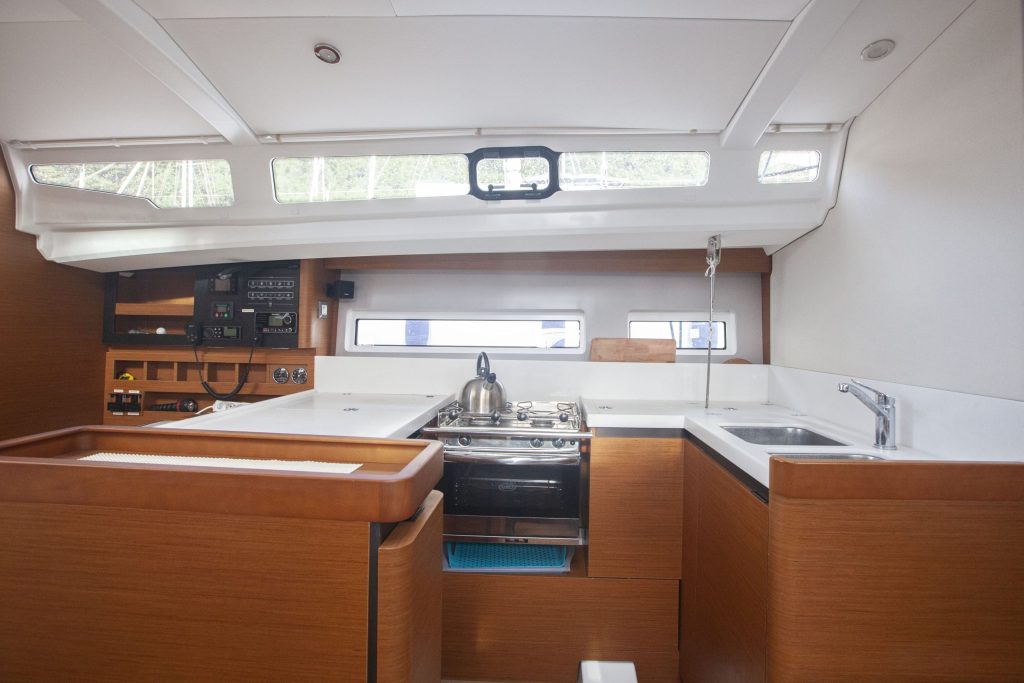 Galley in sailing yacht Jeanneau Sun Odyssey 440 Celtic Breeze for charter in Orhaniye near Marmaris in Turkey