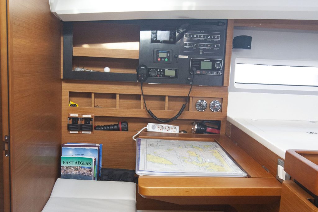 Navigation table in sailing yacht Jeanneau Sun Odyssey 440 Celtic Breeze for charter in Orhaniye near Marmaris in Turkey