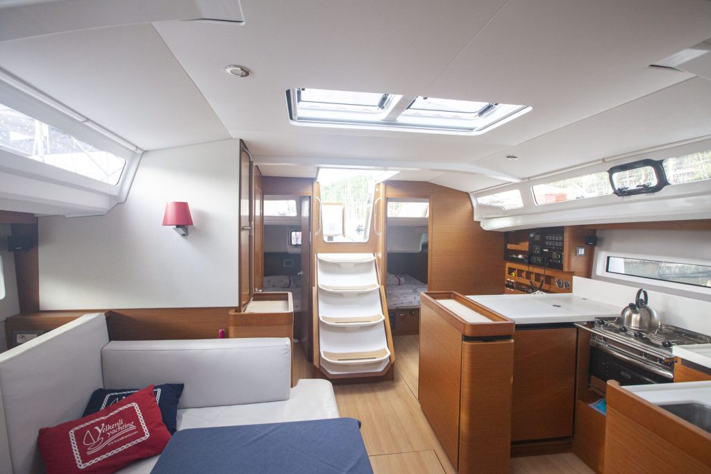 Saloon in sailing yacht Jeanneau Sun Odyssey 440 Celtic Breeze for charter in Orhaniye near Marmaris in Turkey