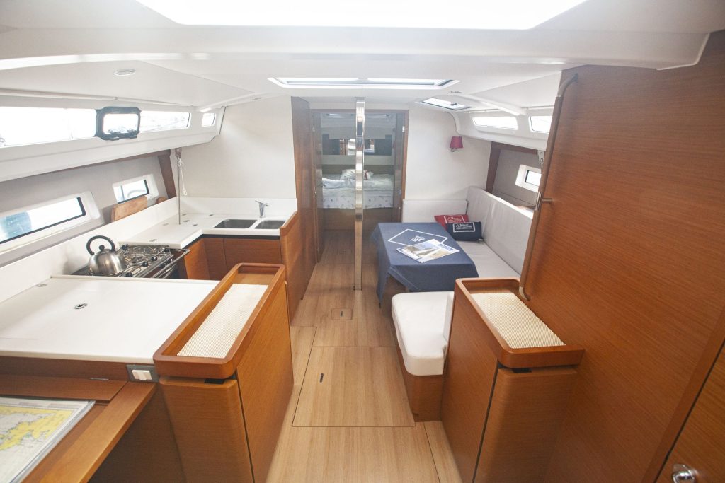 Saloon in sailing yacht Jeanneau Sun Odyssey 440 Celtic Breeze for charter in Orhaniye near Marmaris in Turkey