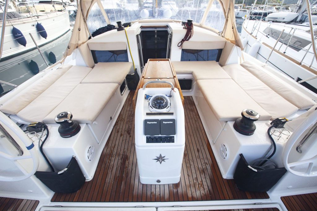Cockpit of sailing yacht Jeanneau Sun Odyssey 440 Celtic Breeze for charter in Orhaniye near Marmaris in Turkey