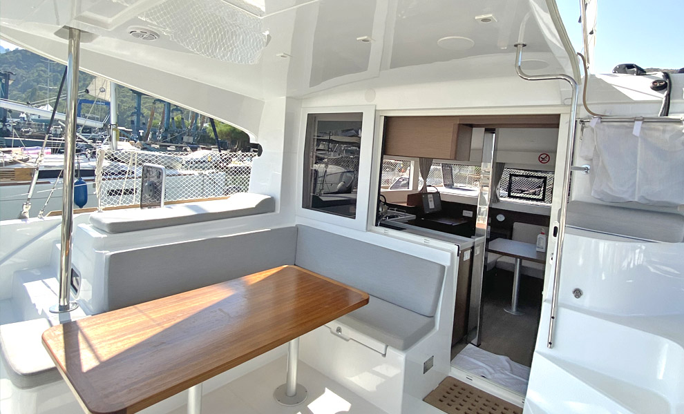 Cockpit table of catamaran Lagoon 40 Falcon for charter in Gocek in Turkey