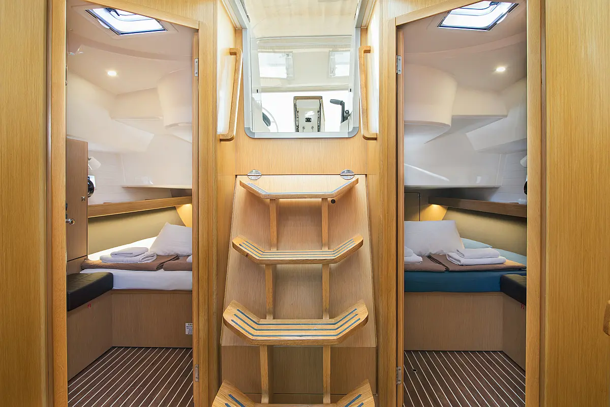 Aft cabins in sailing yacht Bavaria Cruiser 46 Simbl for charter in Corfu in Greece