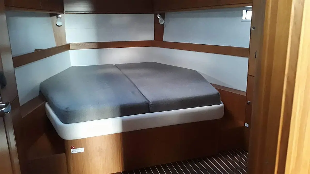 Forward cabin in sailing yacht Bavaria Cruiser 46 Style Pinot Gris for charter in Corfu in Greece