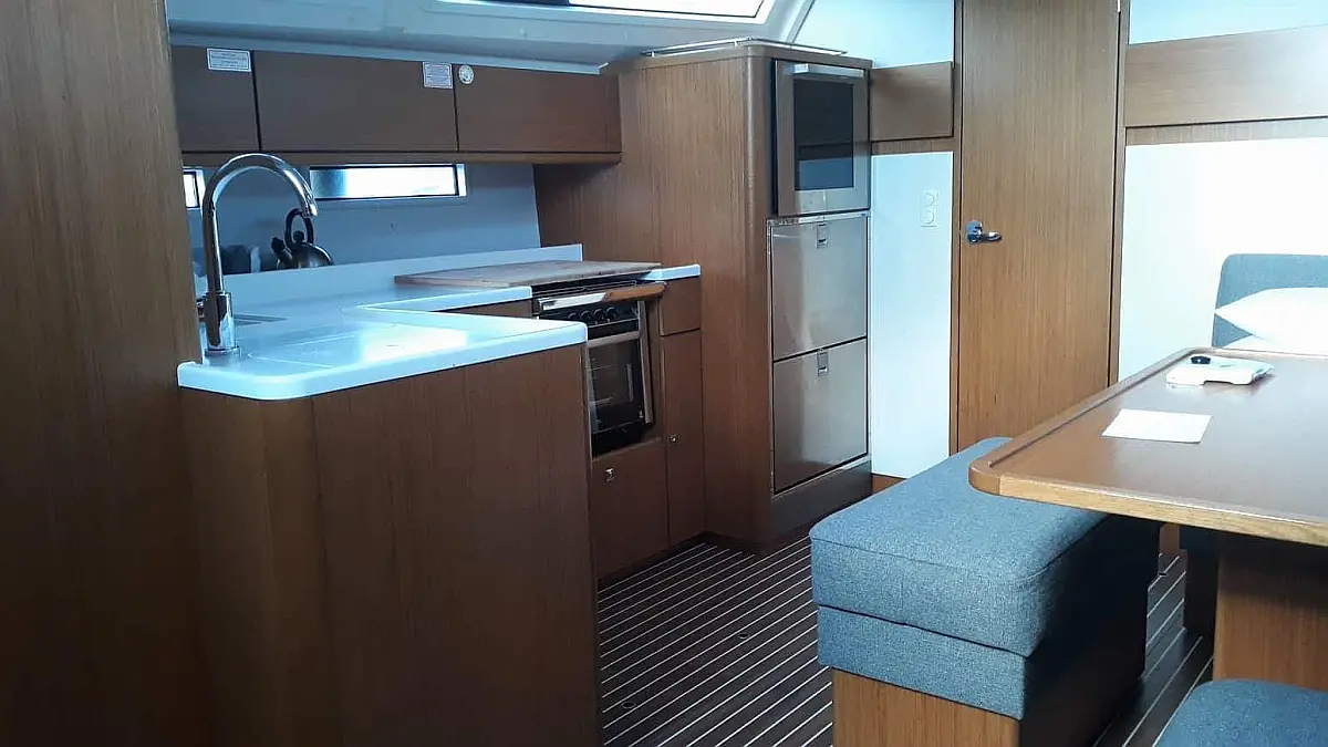 Galley in sailing yacht Bavaria Cruiser 46 Style Pinot Gris for charter in Corfu in Greece