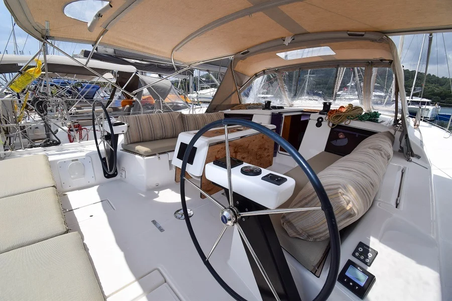 Cockpit table of sailing yacht Dufour 430 Grand Large Ida for charter in Marmaris in Turkey