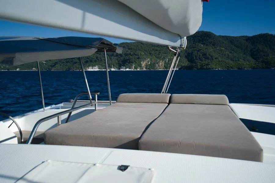 Sunbathing deck of catamaran Fountaine Pajot Astrea 42 Adele in Marmaris in Turkey