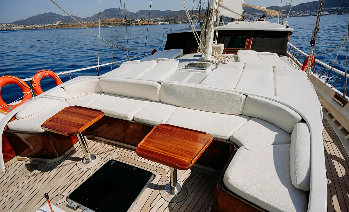 Lounge on deck of Gulet Beyaz Lale for charter in Kos Island in Greece