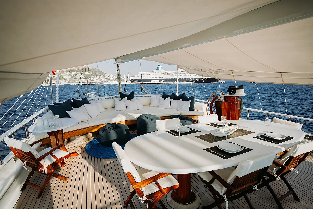 Deck table of Gulet Beyaz Lale for charter in Kos Island in Greece