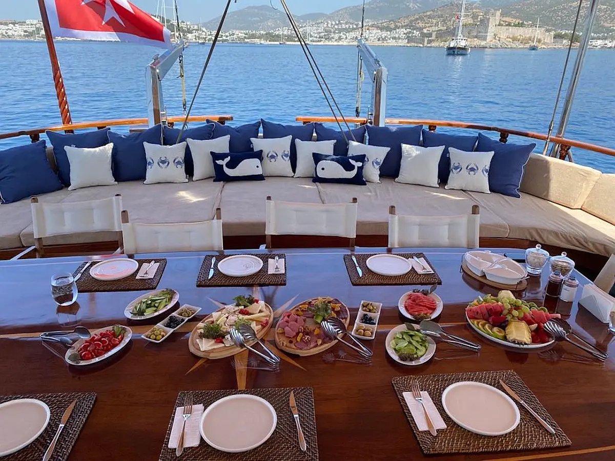 Hospitality and gourmet food on board of Superior Gulet Queen of Datca in Kos Island in Greece