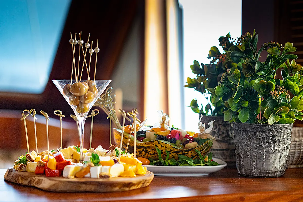 Hospitality and gourmet food on board of Superior Gulet Queen of Datca in Kos Island in Greece