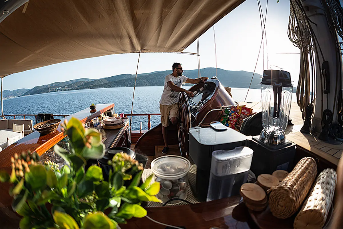 Bar on deck of Superior Gulet Queen of Datca in Kos Island in Greece