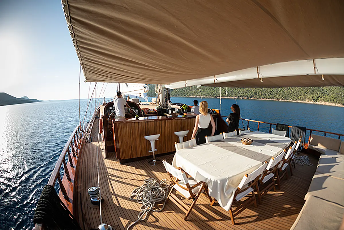 Bar on deck of Superior Gulet Queen of Datca in Kos Island in Greece