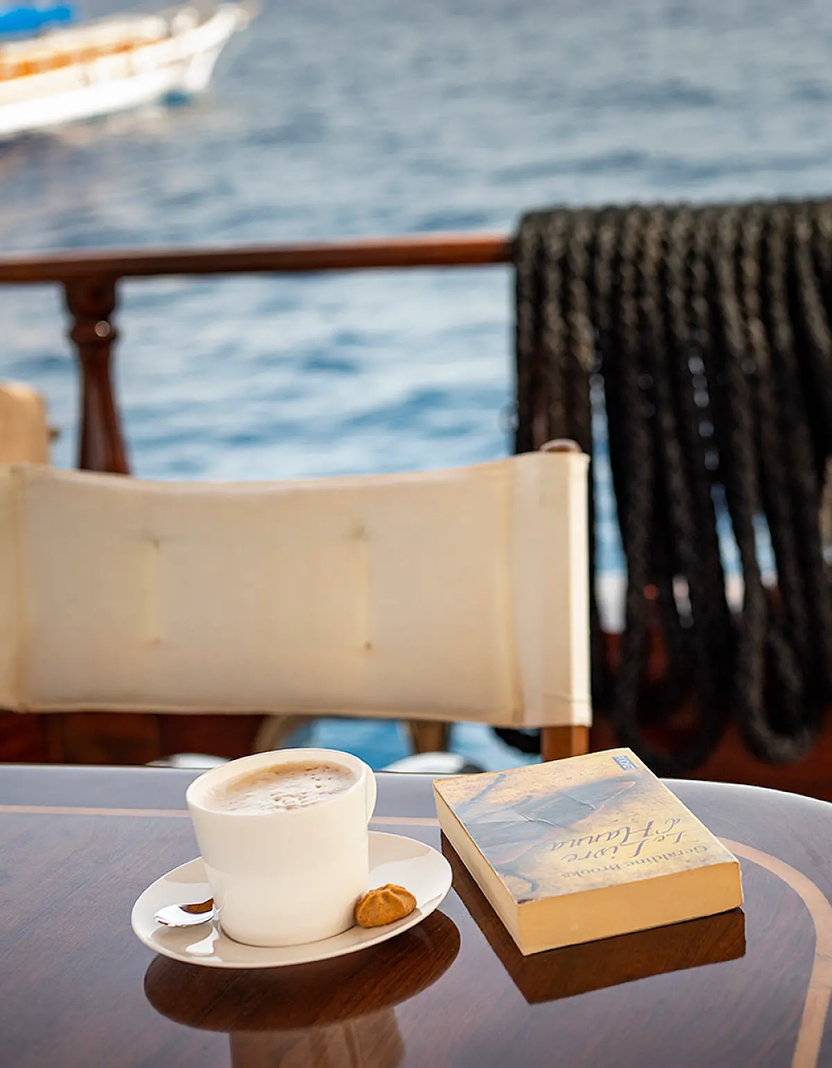 Morning coffee on deck of Superior Gulet Queen of Datca in Kos Island in Greece