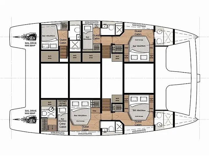 Layout of catamaran Sunreef 50 Luxe Liberta for charter in Martinique