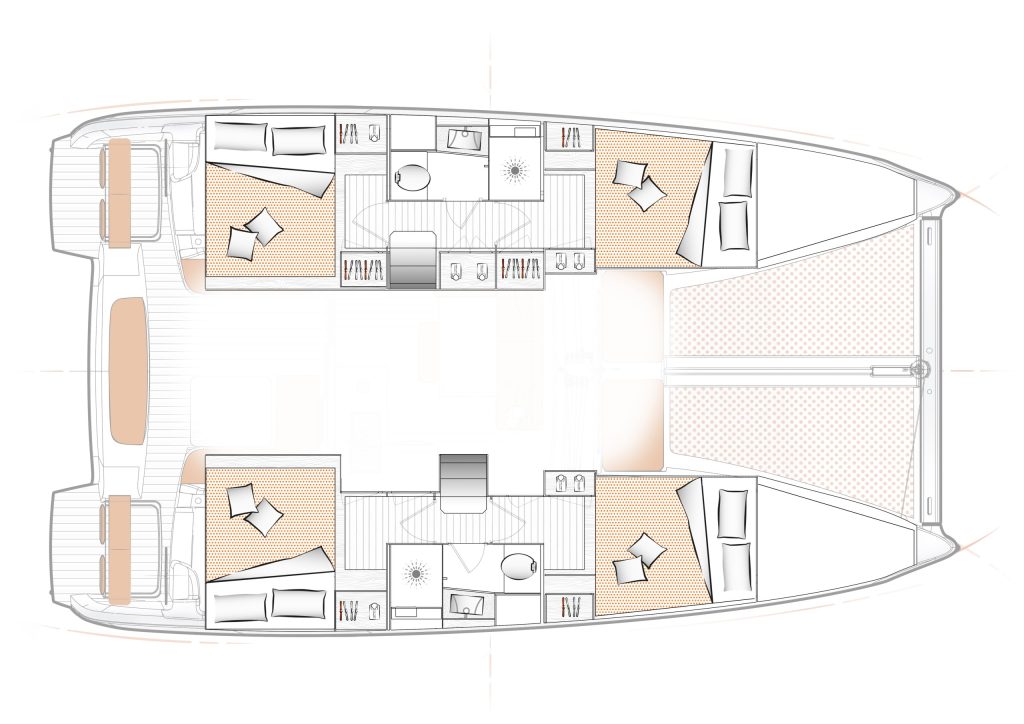 Layout of catamaran Excess 11 with 4 cabins