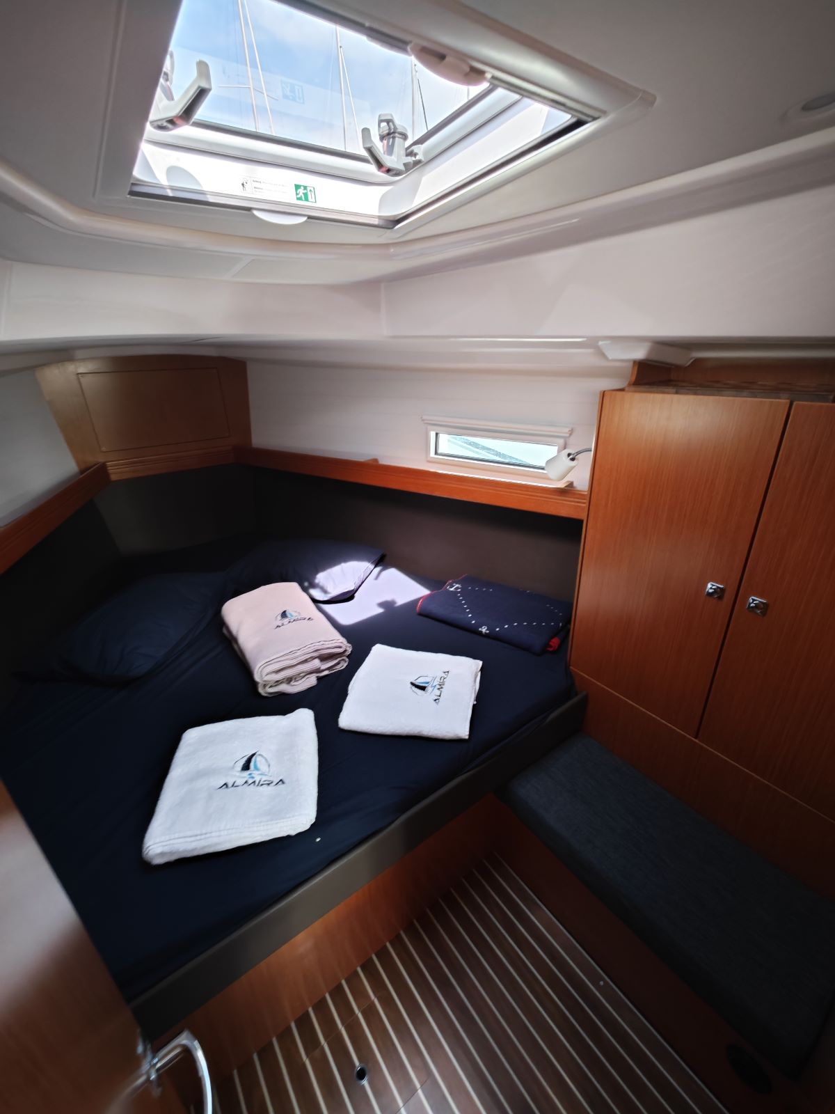 Forward cabin in sailing boat Bavaria Cruiser 37 Almira for charter in Fethiye in Turkey