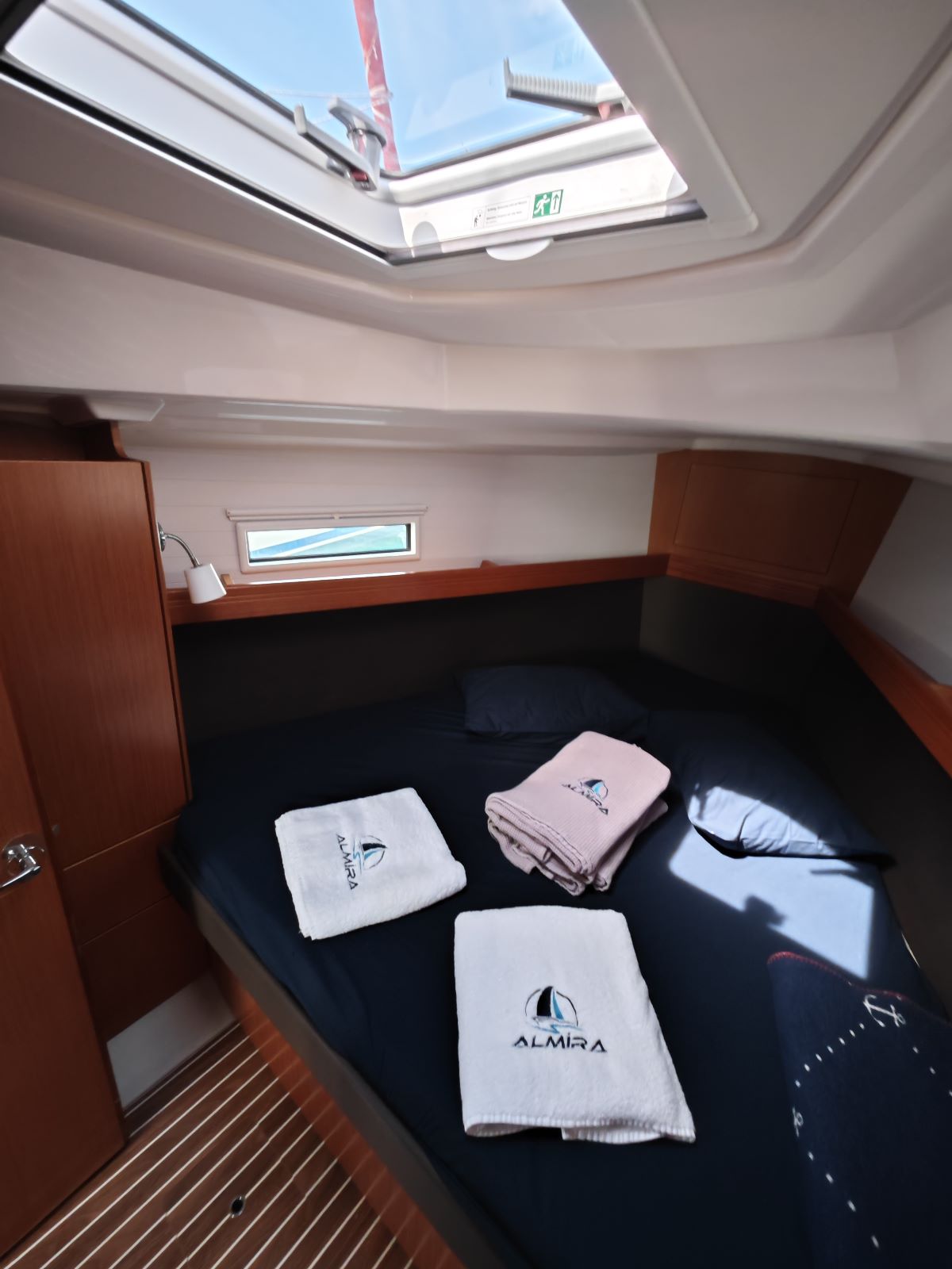 Forward cabin in sailing boat Bavaria Cruiser 37 Almira for charter in Fethiye in Turkey