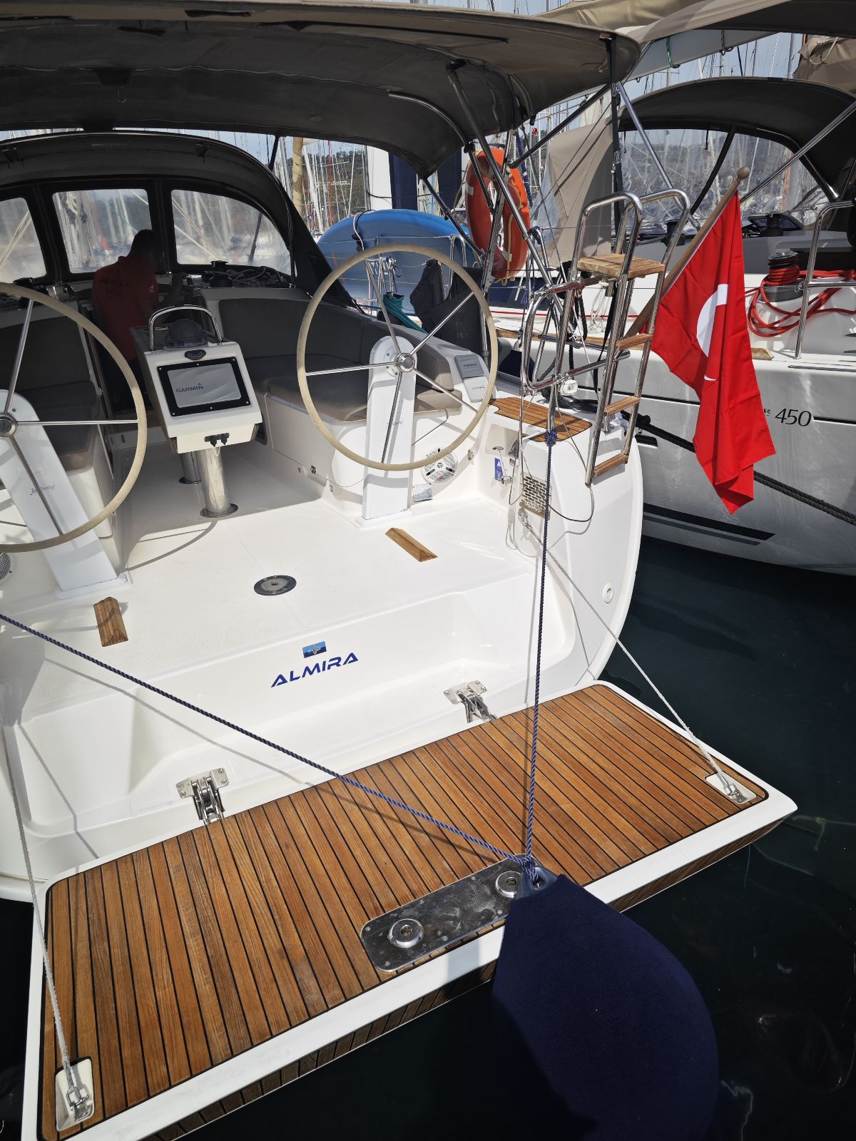 Swimming platform of sailing boat Bavaria Cruiser 37 Almira for charter in Fethiye in Turkey
