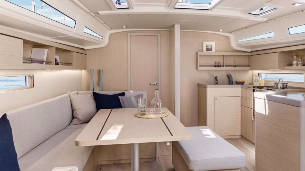 Saloon table in sailing yacht Moorings 42.3 for charter in Antigua and Barbuda in Caribbean